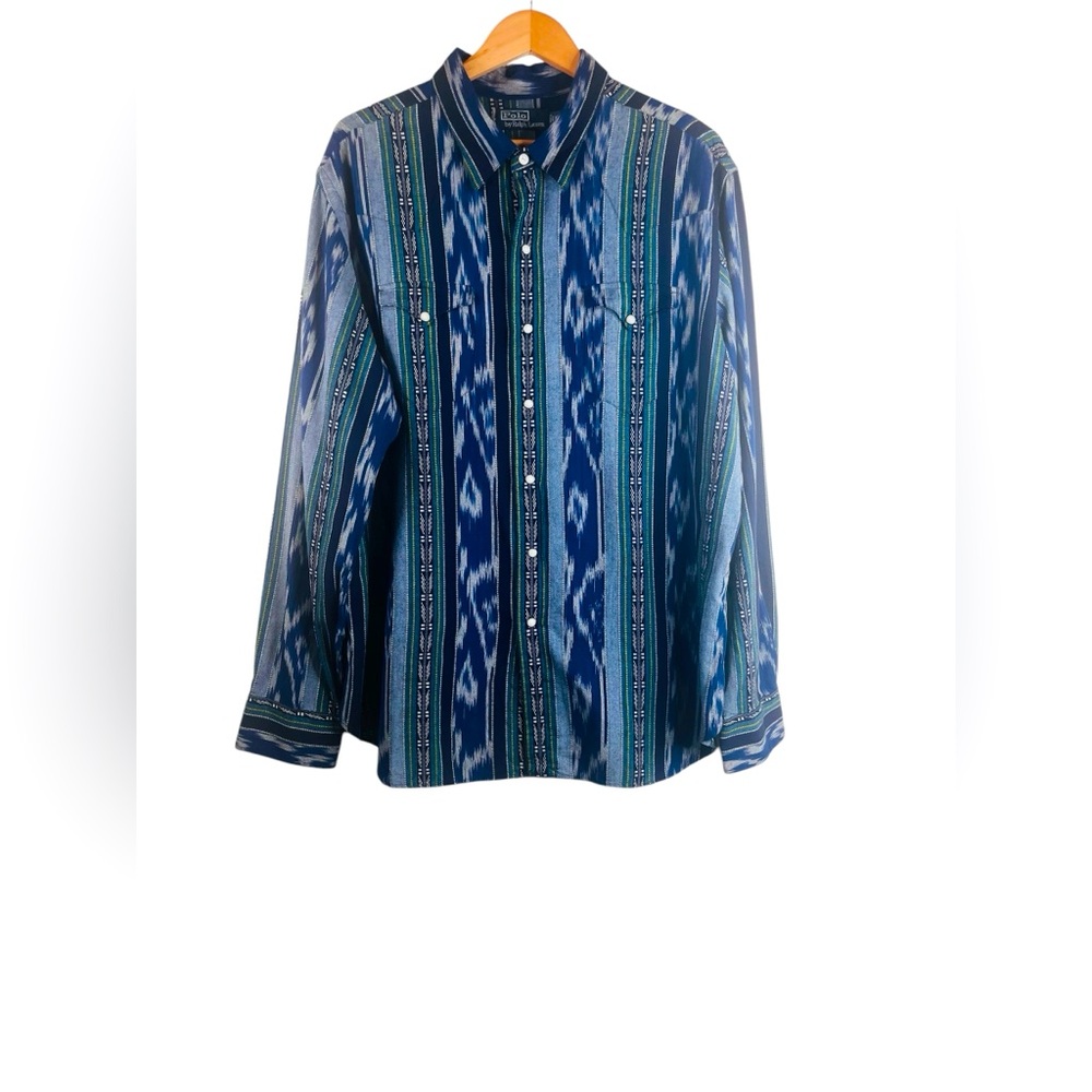 Vintage Polo Ralph Lauren Shirt Mens XXL Aztec Blue Southwest Cowboy Pearl Snap - Picture 1 of 8